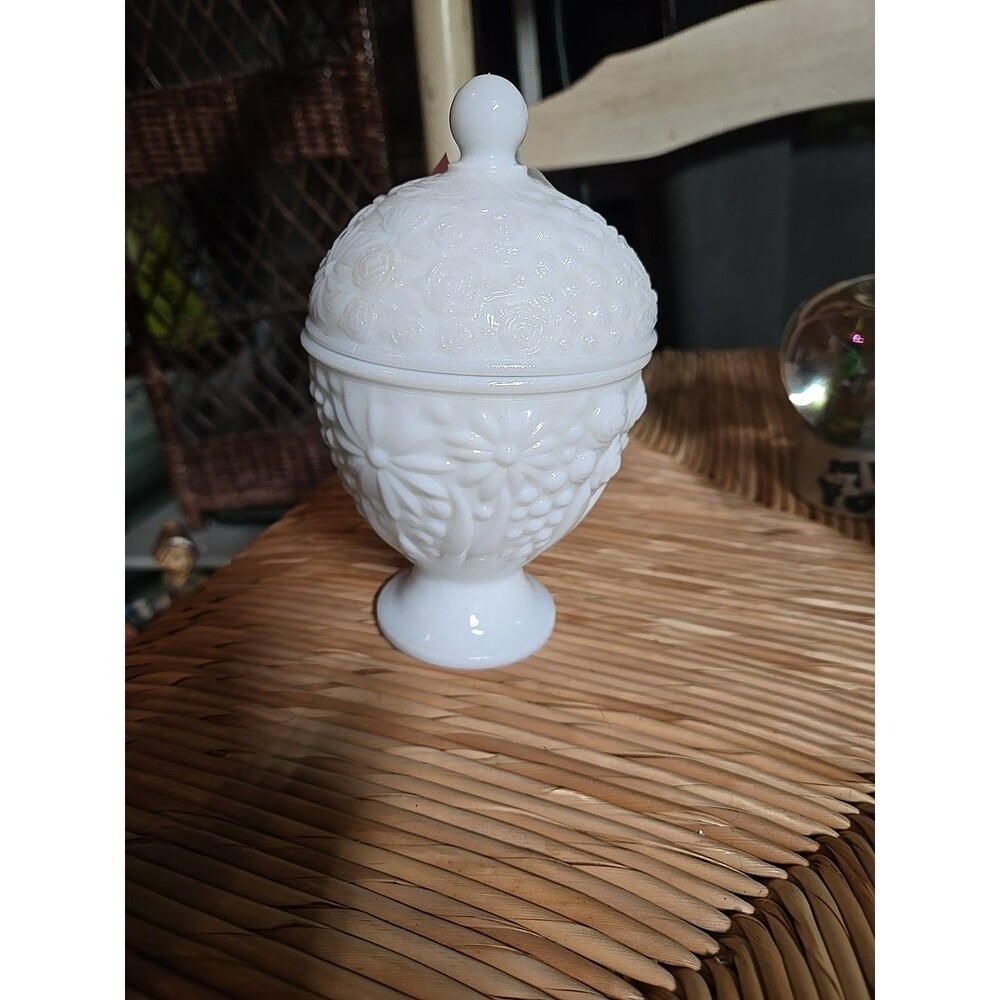 Milk Glass Egg Shape Candy Sugar Compote Dish w/ Lid by Avon Flower Pattern